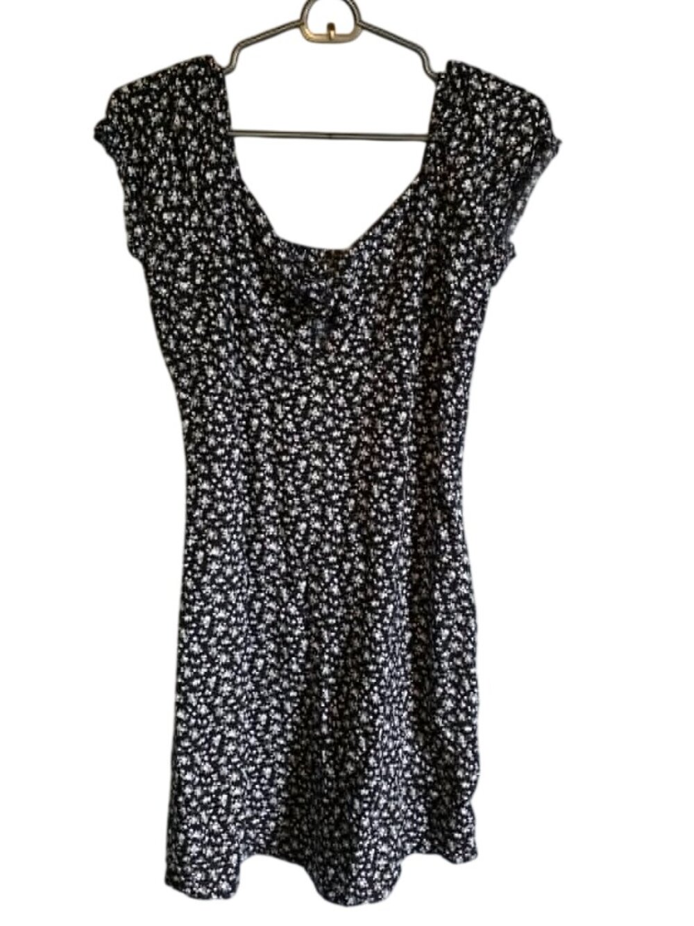 Hollister Black White Ditsy Floral Cap Sleeve A-Line Mini Dress (Small Long)